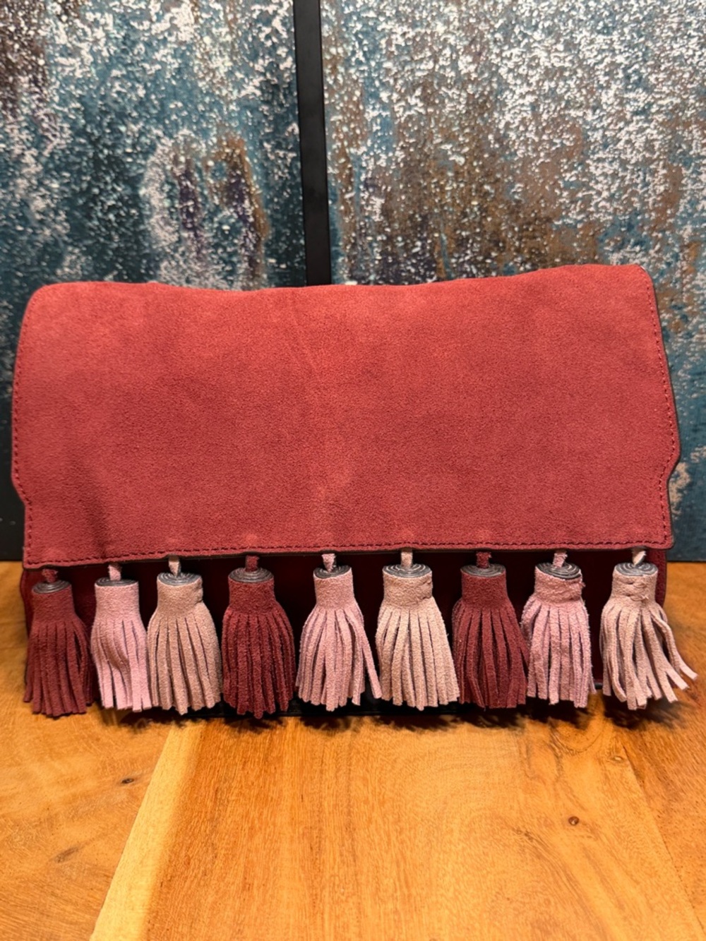 Rebecca Minkoff Boho Finn Tassel Suede Leather Crossbody Clutch Burgundy (GUC) - Picture 6 of 17